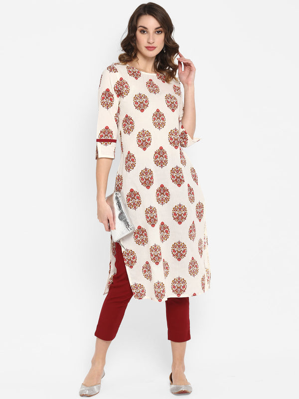 Women's White Cotton Floral Print Straight Kurta - Manohara