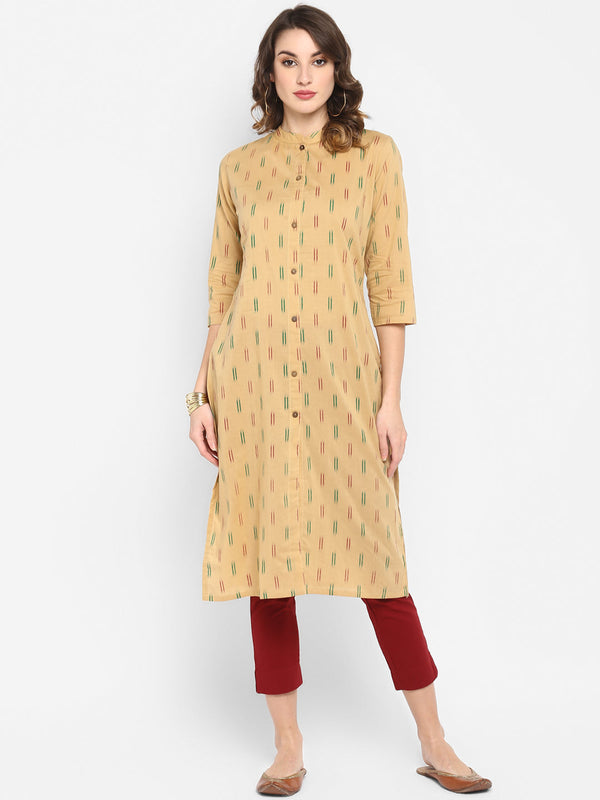 Women's Beige Cotton Ikat Straight Kurta - Manohara