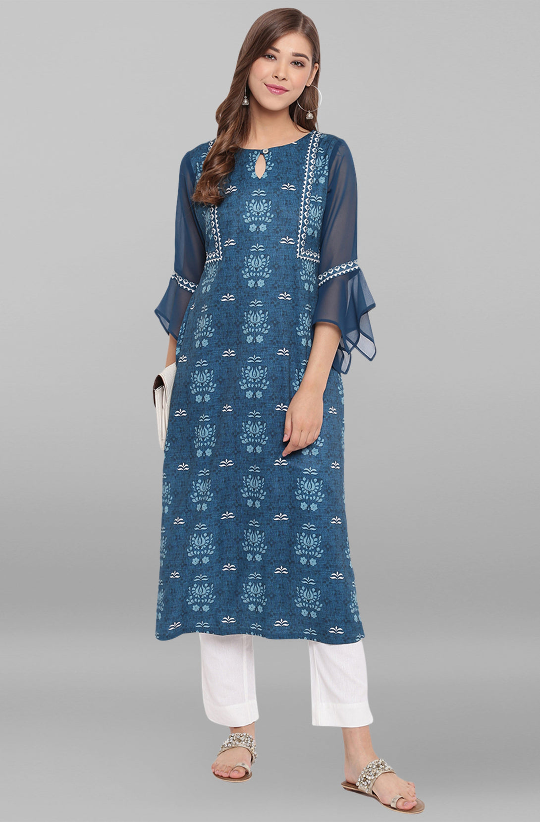 Women's Teal Poly Crepe Digital Print Straight Kurta - Janasya