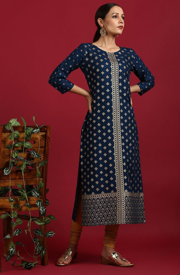 Women's Dark Blue Rayon Kurta-Janasya