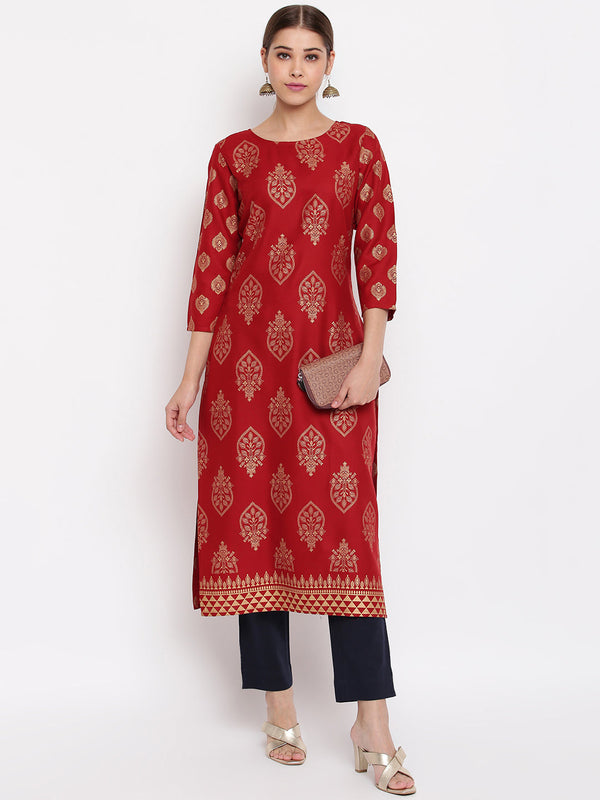 Women's Maroon Rayon Ethnic Motifs Straight Kurta - Manohara