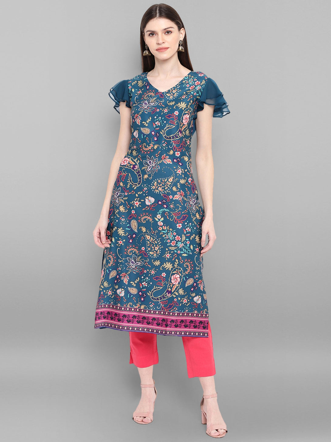 Women's Teal Poly Crepe Floral Print Straight Kurta - Janasya