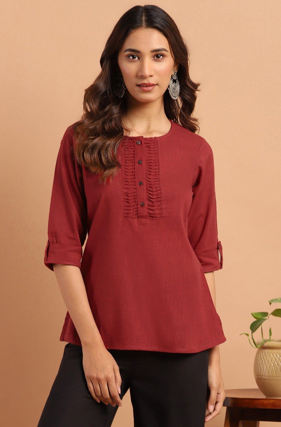 Women's Maroon Cotton Slub Top-Janasya