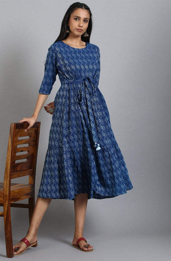 Women's Blue Cotton Western Dress-Janasya