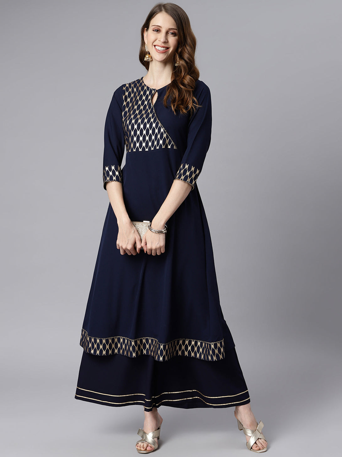 Women's Navy Blue Poly Crepe Ethnic Motifs Flared Kurta - Janasya