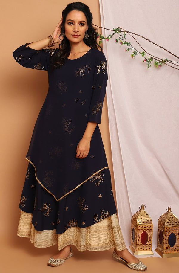 Women's Navy Blue Poly Crepe Kurta-Janasya