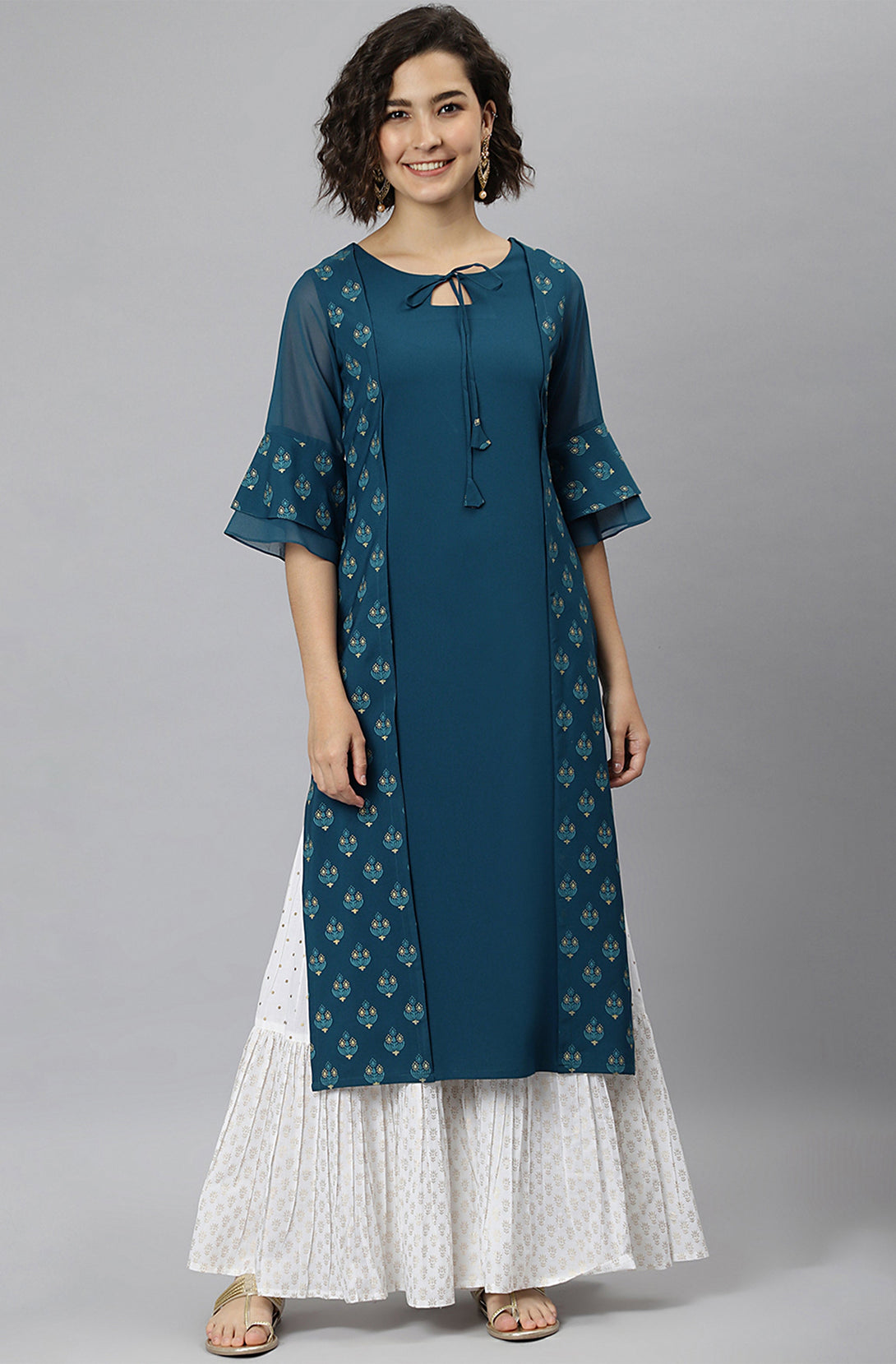 Women's Teal Poly Crepe Ethnic Motifs Straight Kurta - Janasya