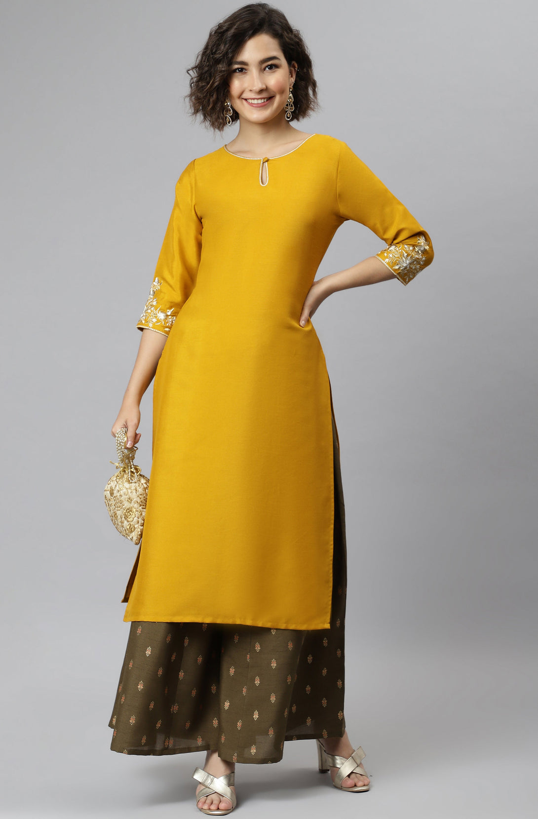 Women's Mustard Poly Silk Embroidered Straight Kurta - Janasya