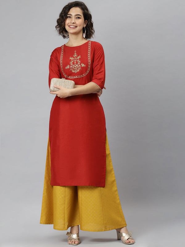 Women's Red Poly Silk Embroidered Straight Kurta - Manohara