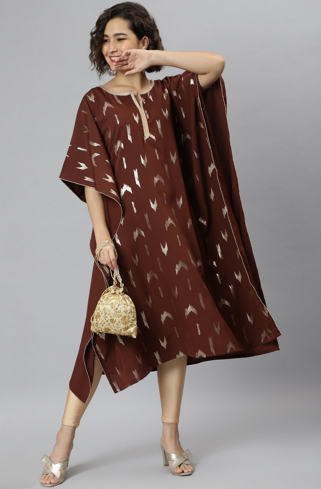 Women's Brown Poly Crepe Geometric Print Kaftan Kurta - Janasya