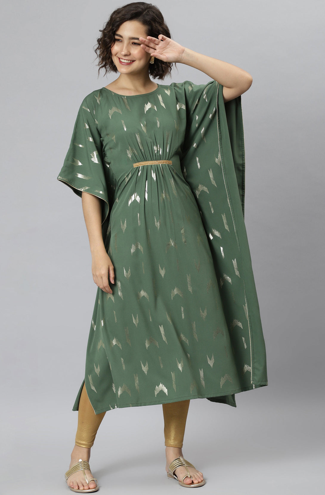 Women's Green Poly Crepe Geometric Print Kaftan Kurta - Janasya