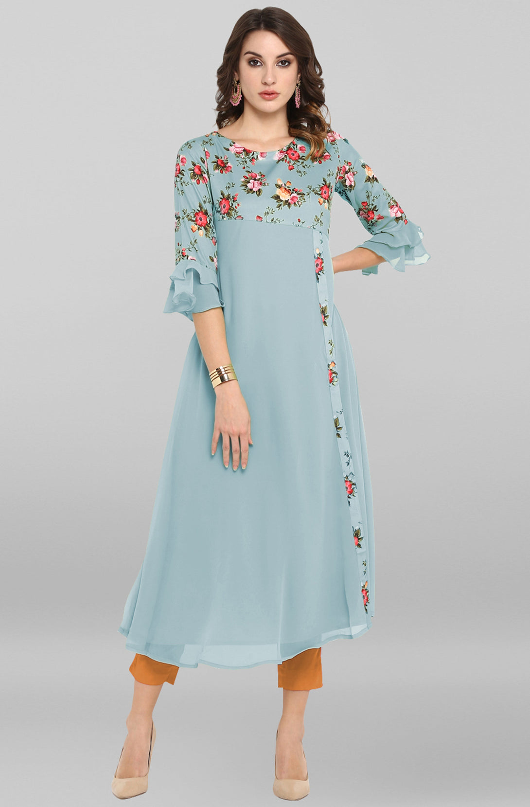 Women's Blue Poly Crepe Floral Print A-Line Kurta - Janasya