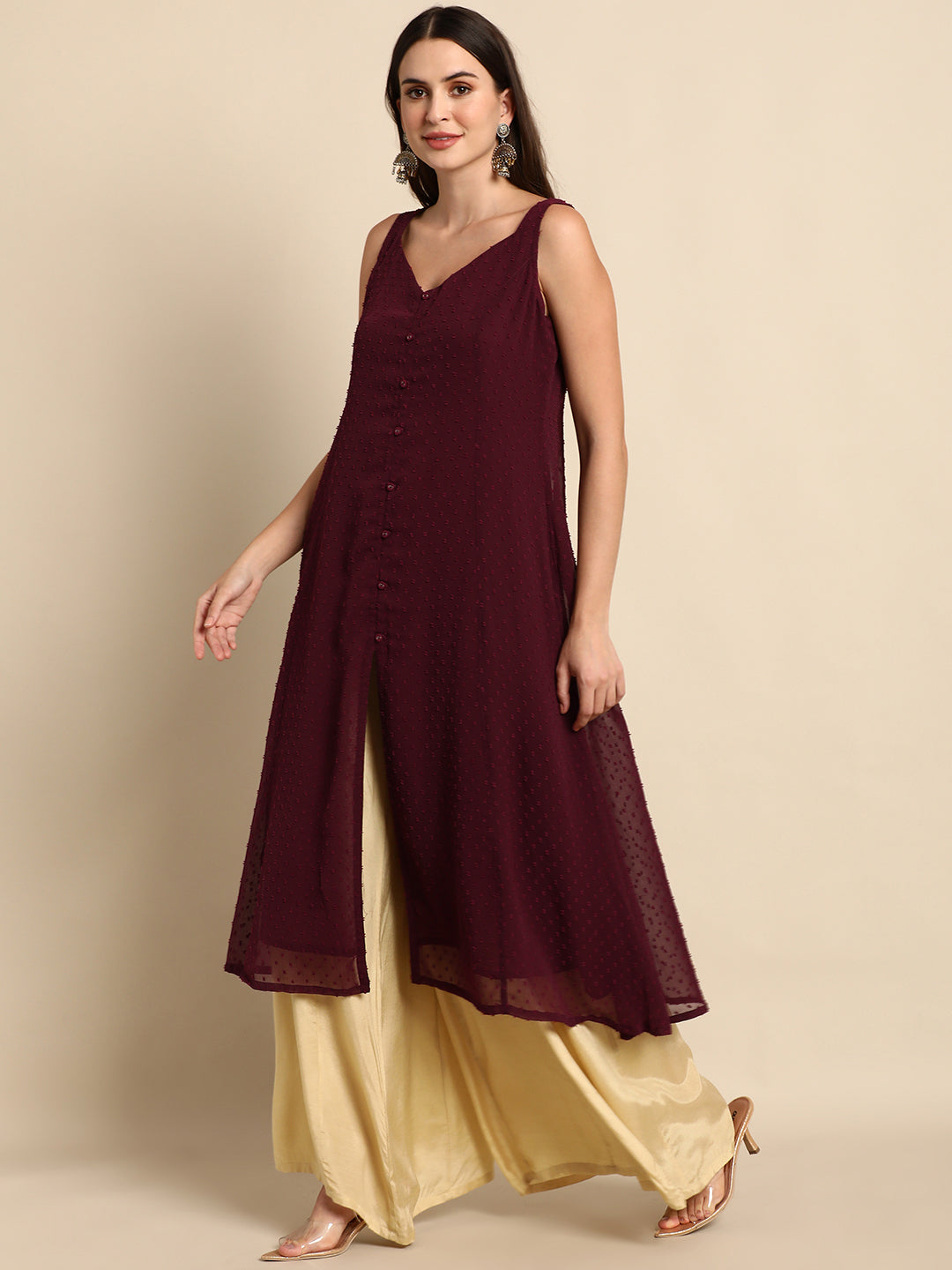 Women's Wine Poly Chiffon Self Design Frontslit Kurta - Janasya