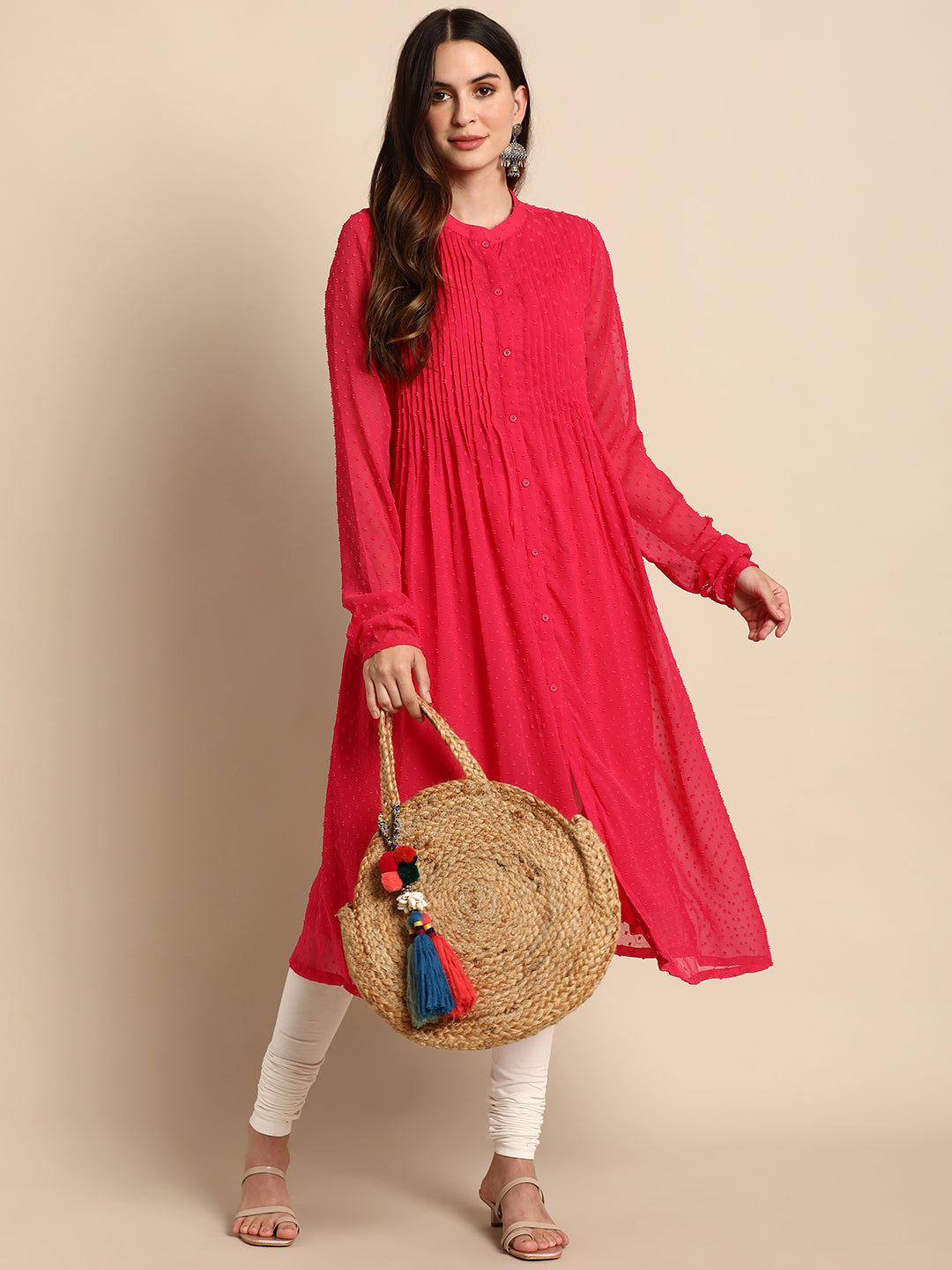 Women's Pink Poly Chiffon Self Design Frontslit Kurta - Janasya