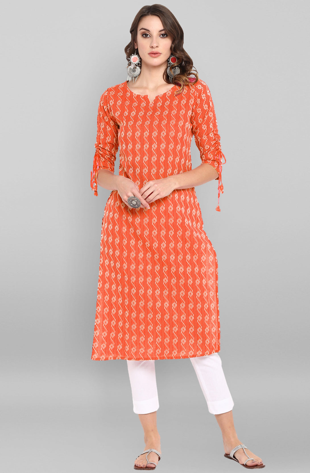 Women's Orange Cotton Woven Design Straight Kurta - Janasya