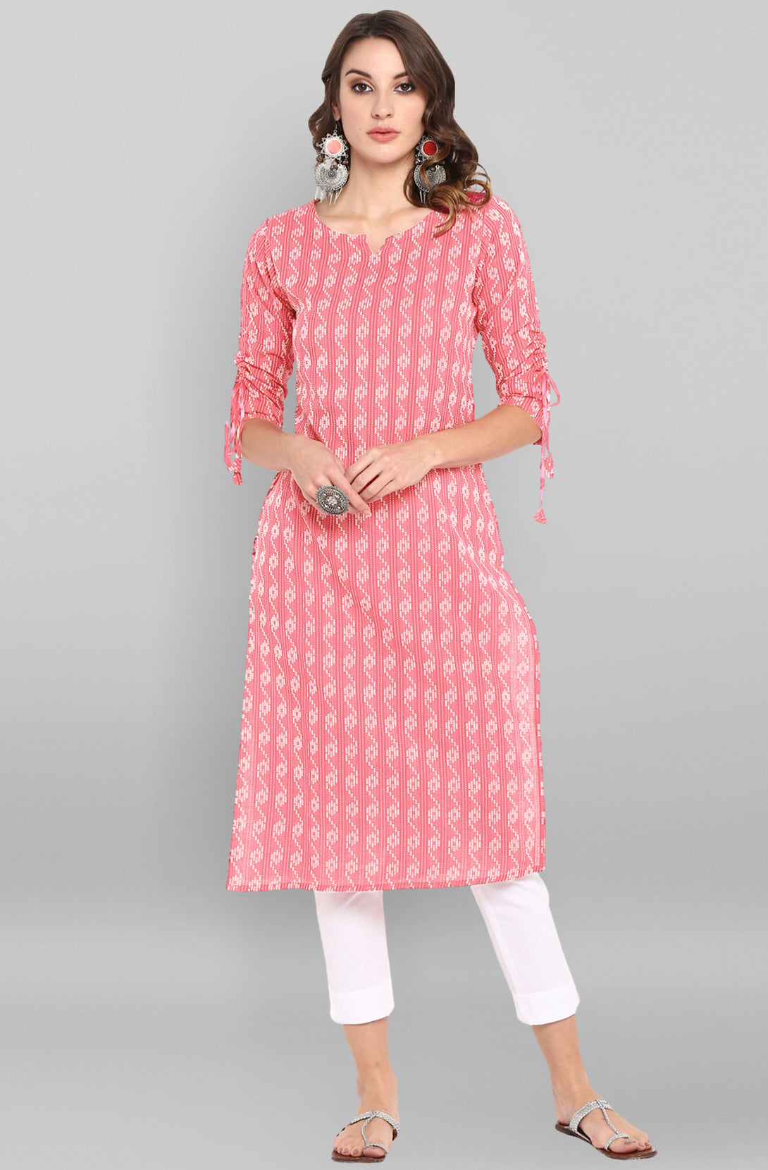 Women's Pink Cotton Woven Design Straight Kurta - Janasya