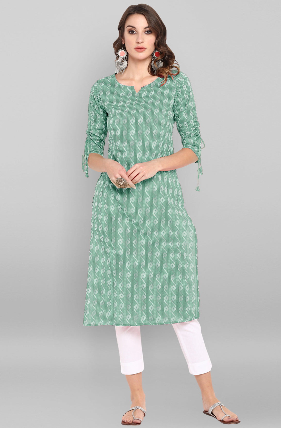 Women's Green Cotton Woven Design Straight Kurta - Janasya