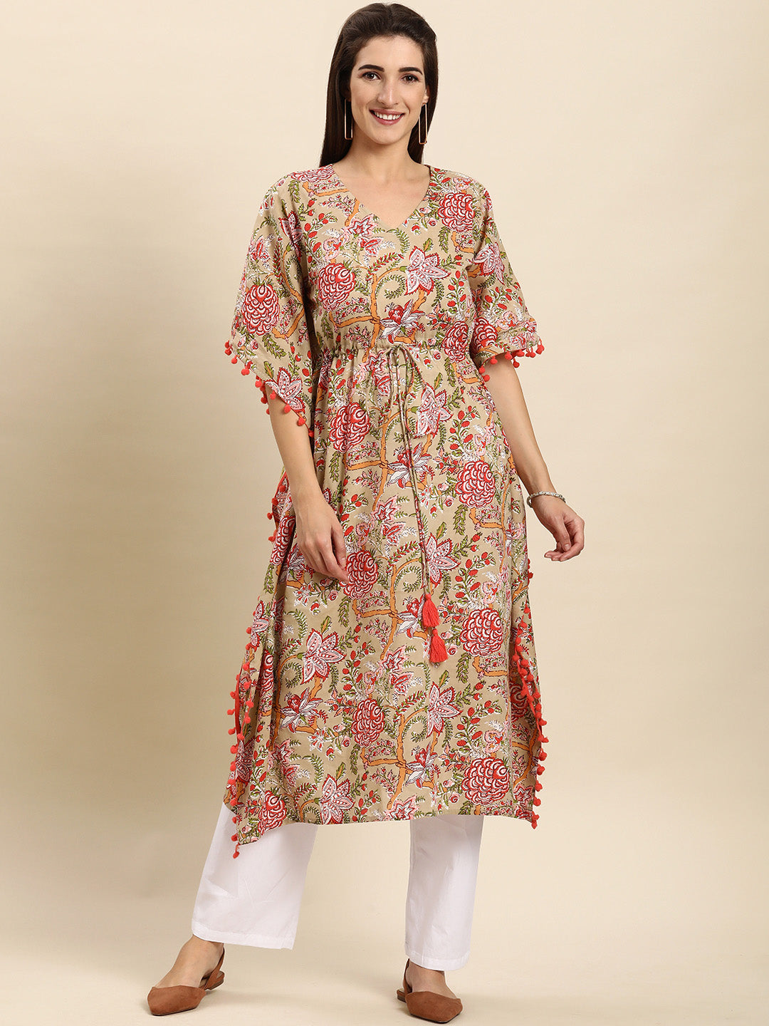 Women's Beige Cotton Kurta - Janasya