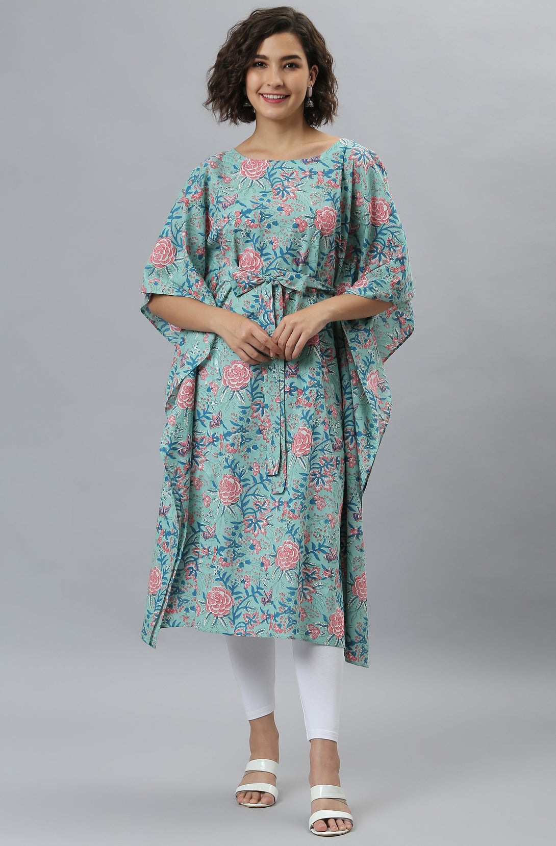 Women's Sea Green Cotton Floral Print Kaftan Kurta - Janasya