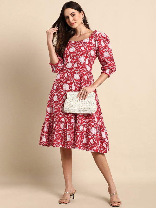 Women's Floral Printed Red Cotton Dress - Janasya