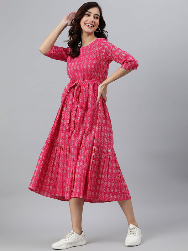 Women's Woven Design Pink Cotton Dress - Janasya