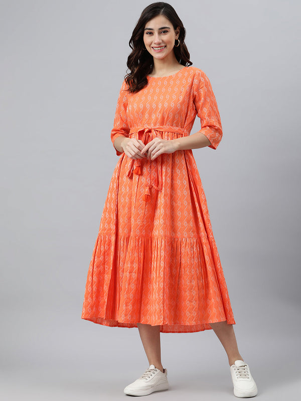 Women's Woven Design Orange Cotton Dress - Janasya