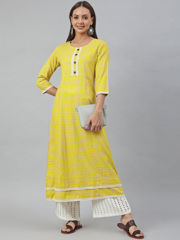 Women's Yellow Rayon Botanical Printed A-Line Kurta - Manohara