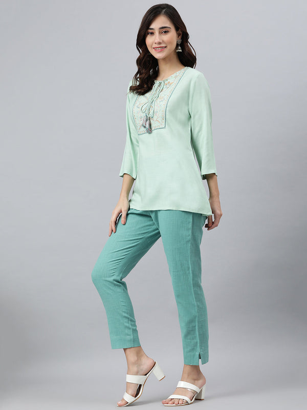 Women's Light Green Rayon Slub Embroidered A-Line Top - Manohara