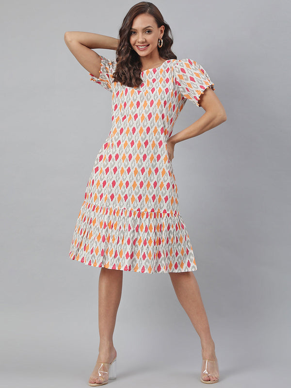 Women's Printed Off White Cotton Dress - Janasya