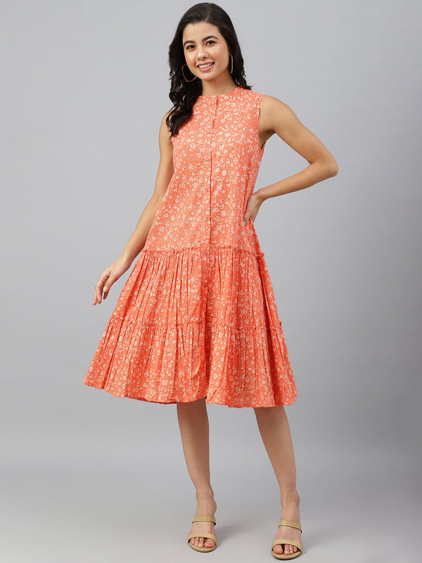 Women's Floral Printed Peach Cotton Dress - Janasya