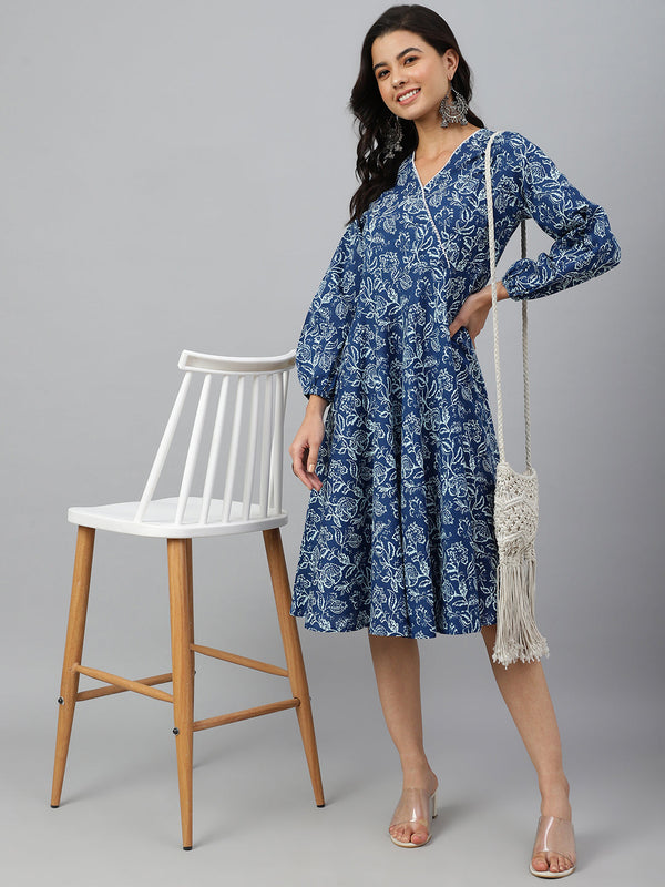 Women's Floral Printed Navy Blue Cotton Dress - Janasya