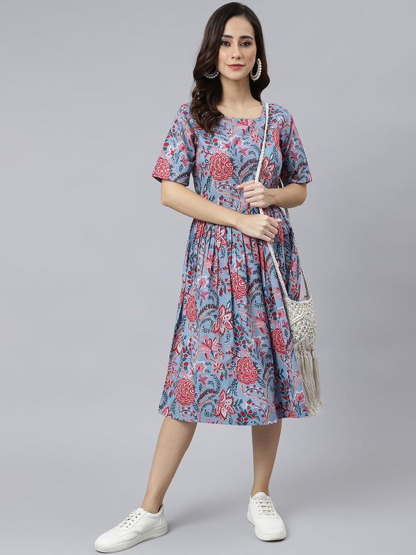 Women's Floral Printed Sky Blue Cotton Dress - Janasya