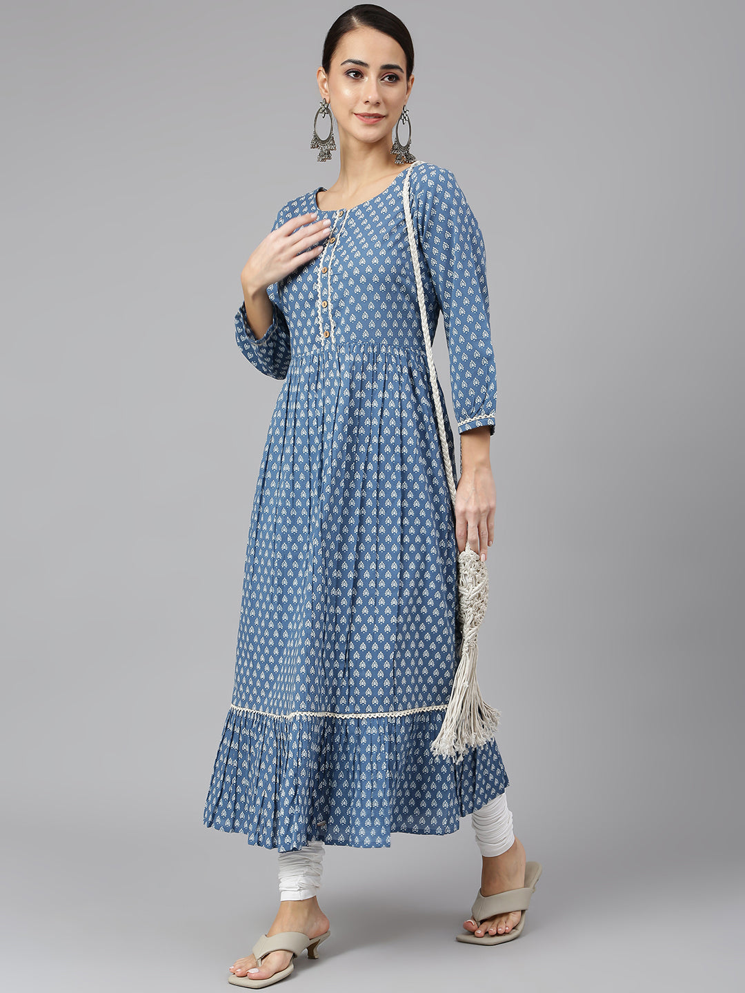 Women's Blue Cotton Ethnic Motifs Flared Kurta - Janasya