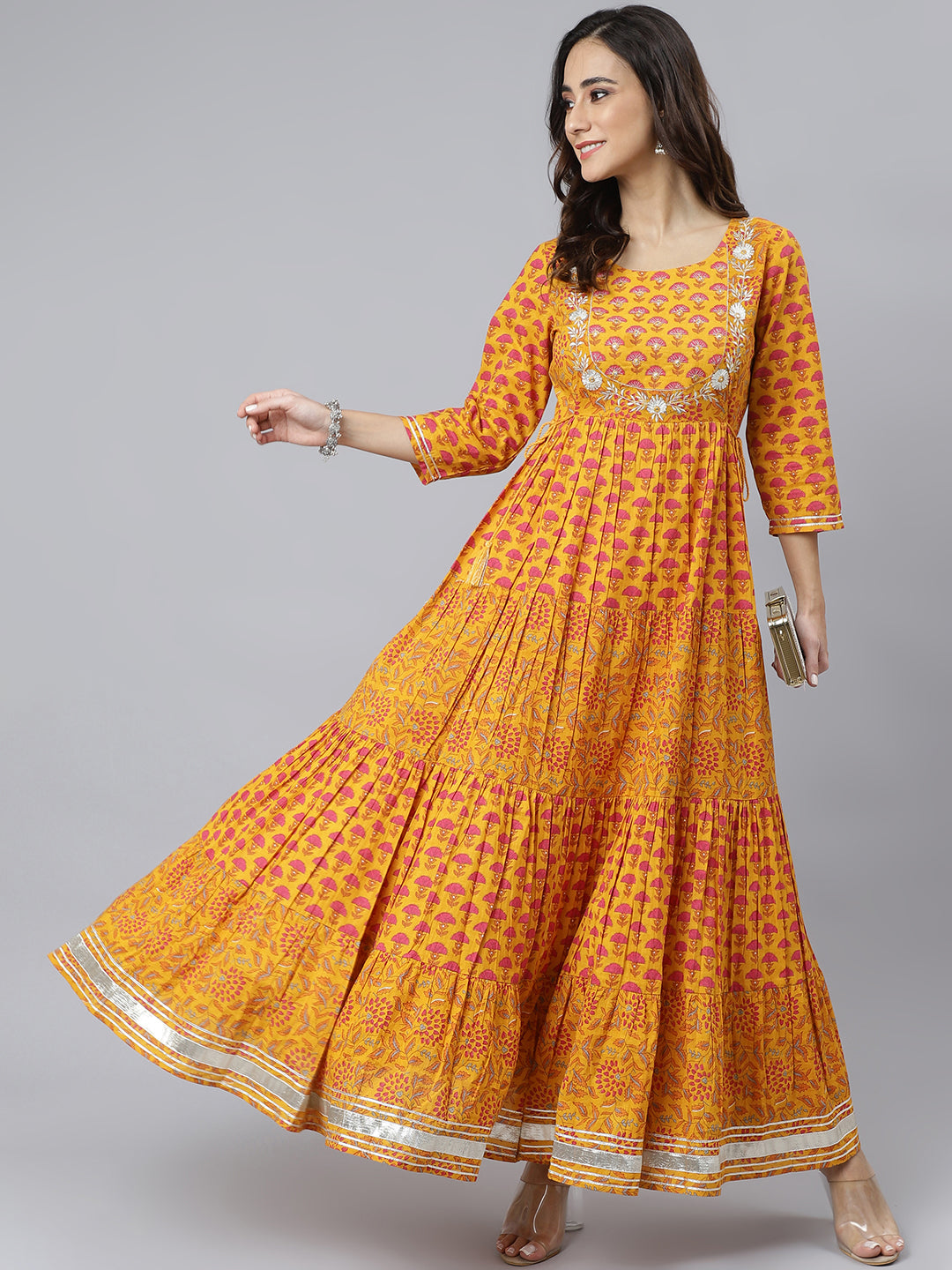 Women's Mustard Cotton Floral Print Flared Kurta - Janasya