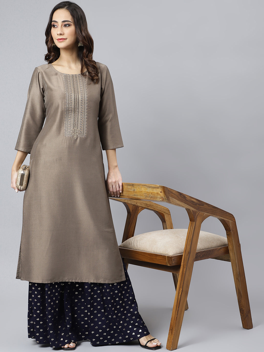 Women's Taupe Poly Silk Kurta - Janasya