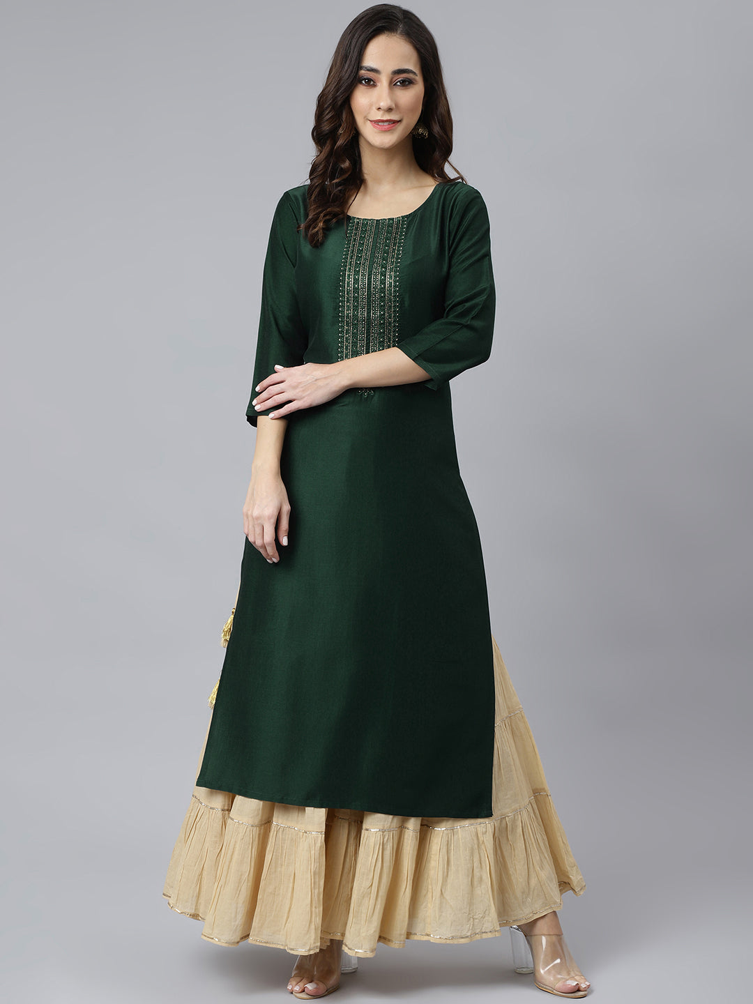 Women's Green Cotton Embroidered Straight Kurta - Janasya