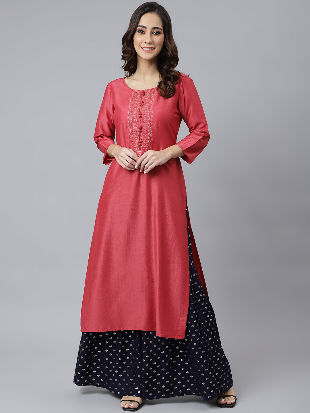 Women's Red Cotton Embroidered Straight Kurta - Janasya