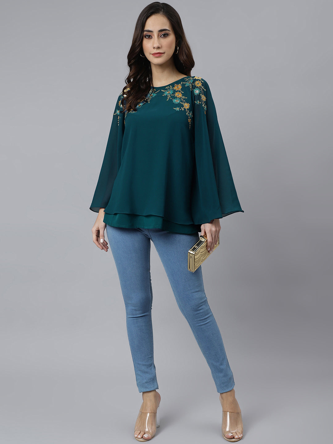 Women's Aqua Blue Georgette Embroidered A-Line Product Type-Tops - Janasya