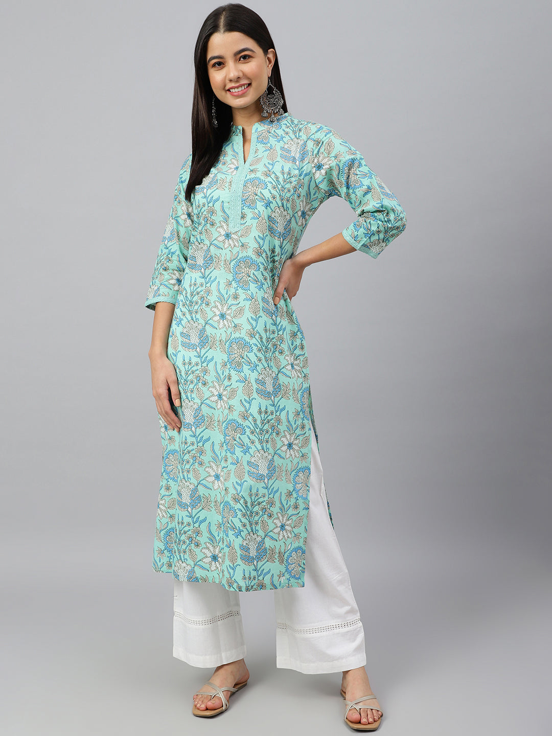 Women's Mint Green Cotton Kurta - Janasya