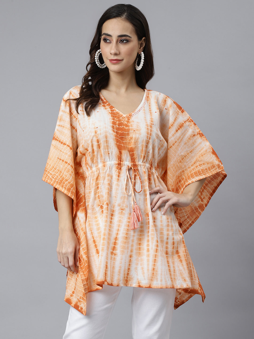 Women's Peach Cotton Tie Dye Kaftan Product Type-Tops - Janasya