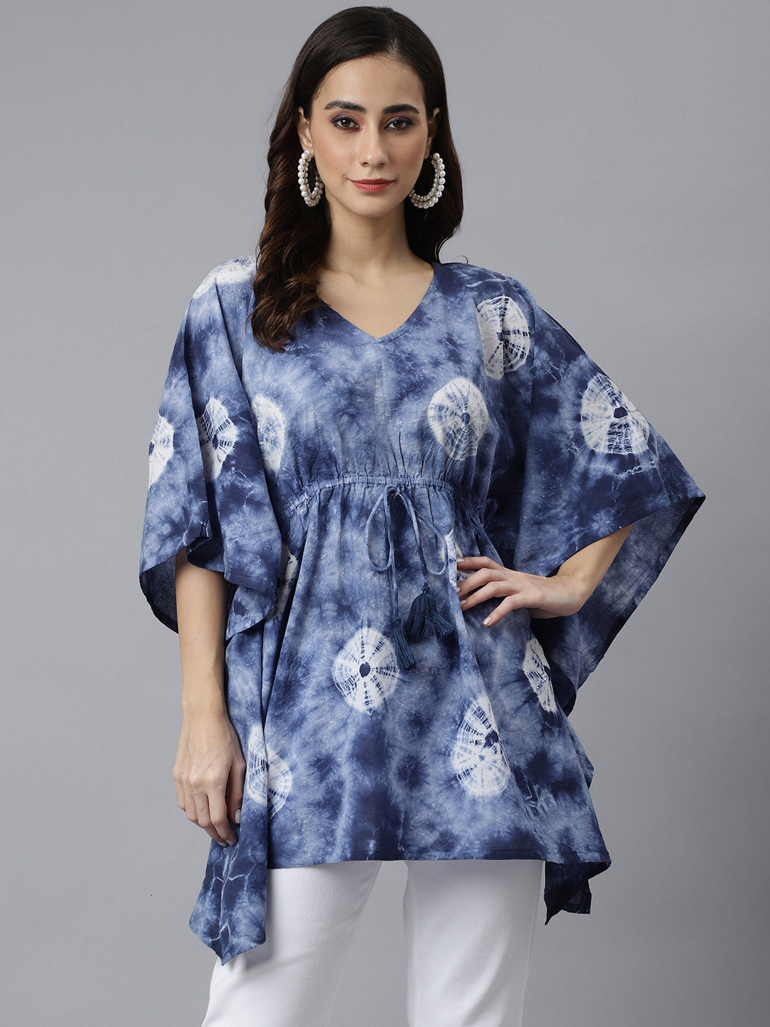 Women's Navy Blue Cotton Tie Dye Kaftan Product Type-Tops - Janasya