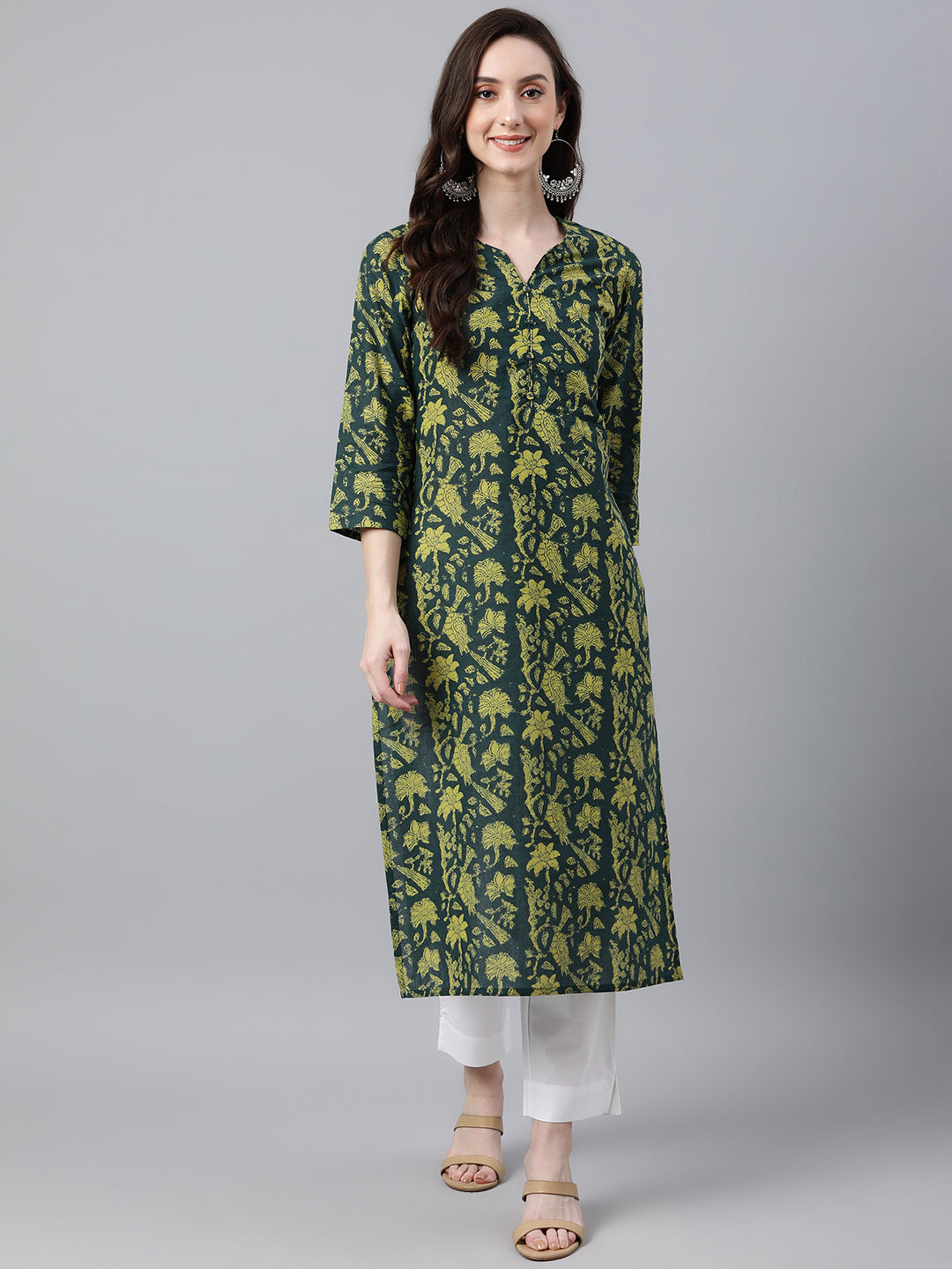 Women's Dark Green Cotton Kurta - Janasya