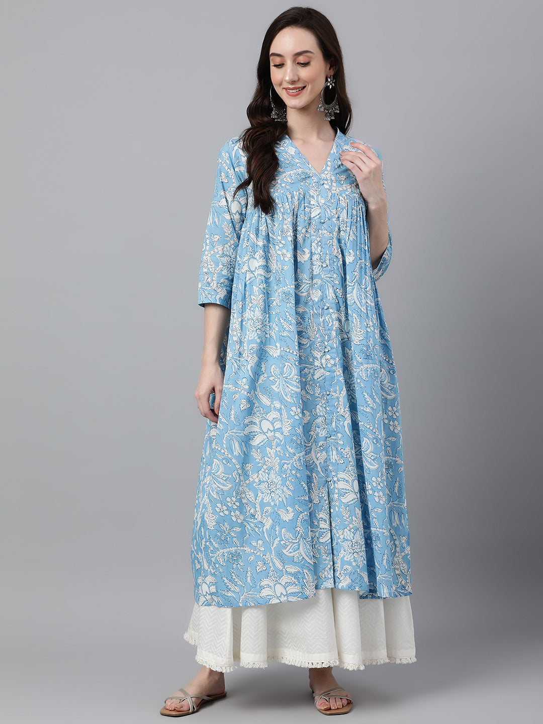 Women's Sky Blue Cotton Kurta - Janasya