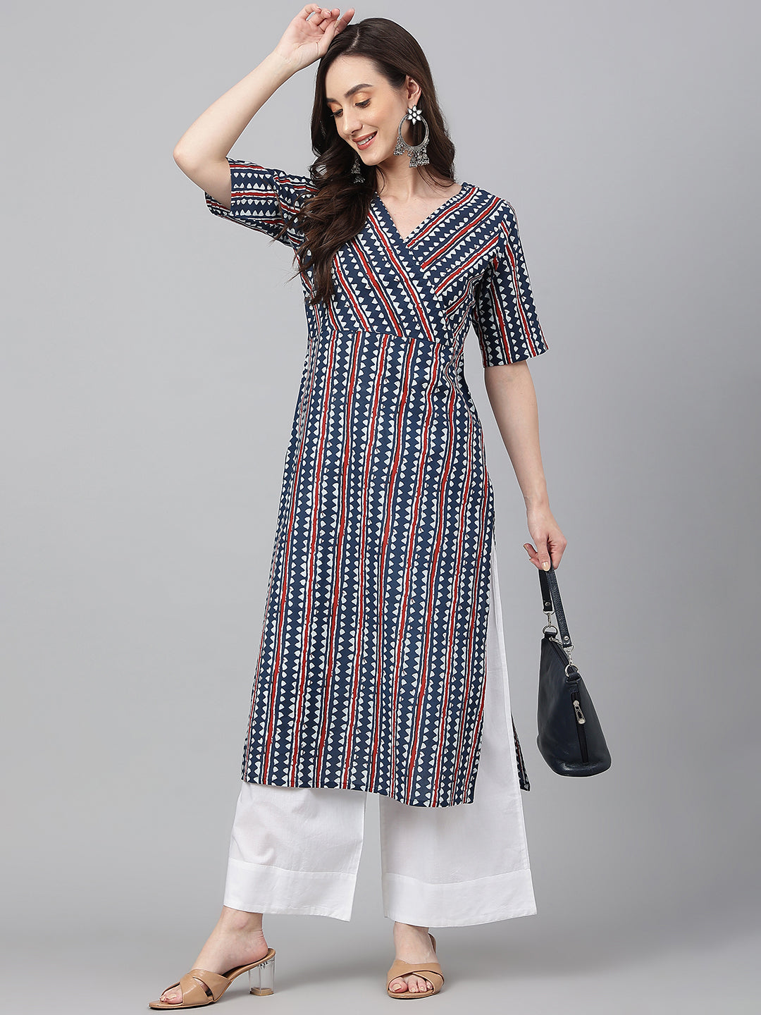 Women's Navy Blue Cotton Kurta - Janasya