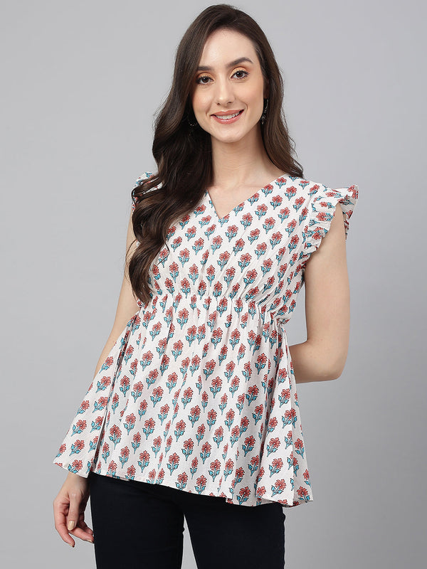 Women's Floral Print White Cotton Tops - Janasya