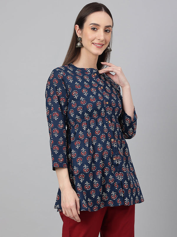 Women's Floral Print Navy Blue Cotton Tops - Janasya