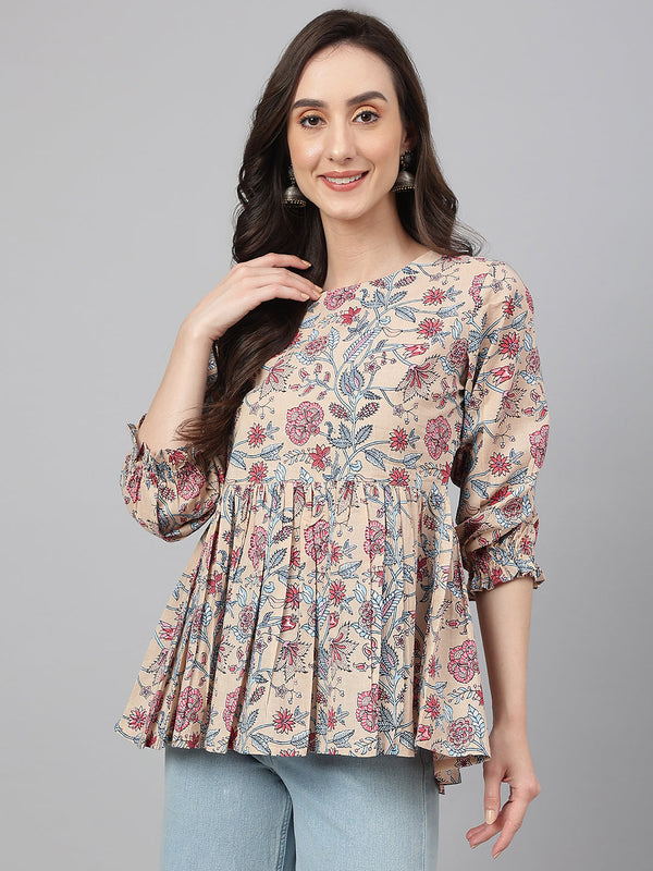 Women's Floral Print Beige Cotton Tops - Janasya