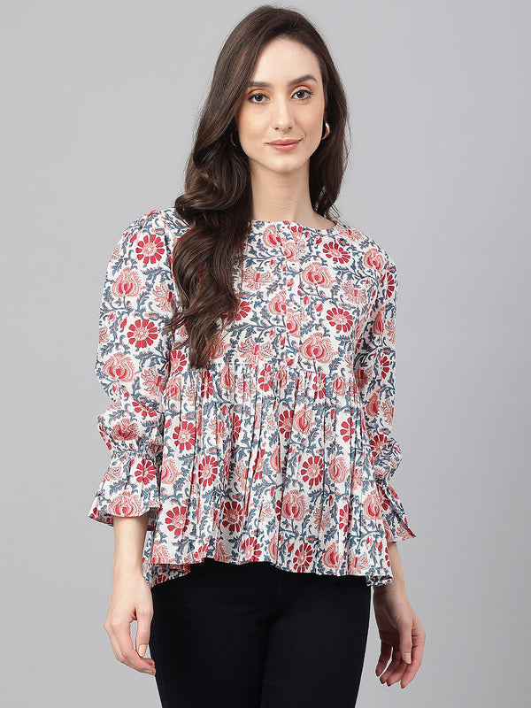 Women's Floral Print White Cotton Tops - Janasya