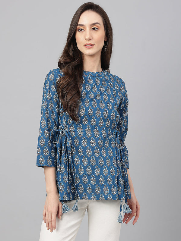 Women's Floral Print Teal Cotton Tops - Janasya