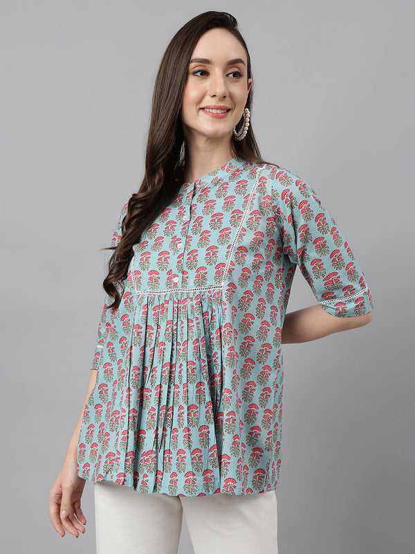 Women's Block Print Aqua Blue Cotton Tops - Janasya